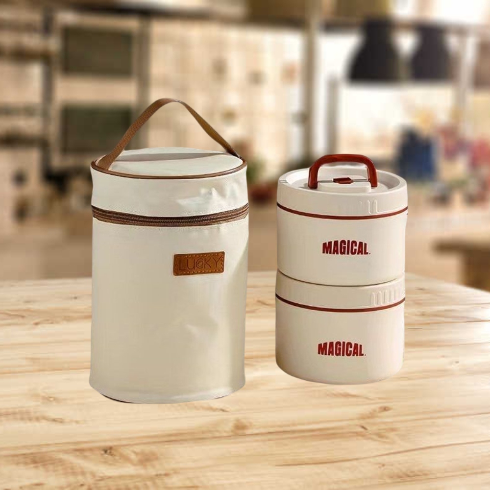 【A&R】二入組 新款日式304不鏽鋼便當盒附保溫袋、餐具套裝 1200ML 保溫款 奶油白, , large