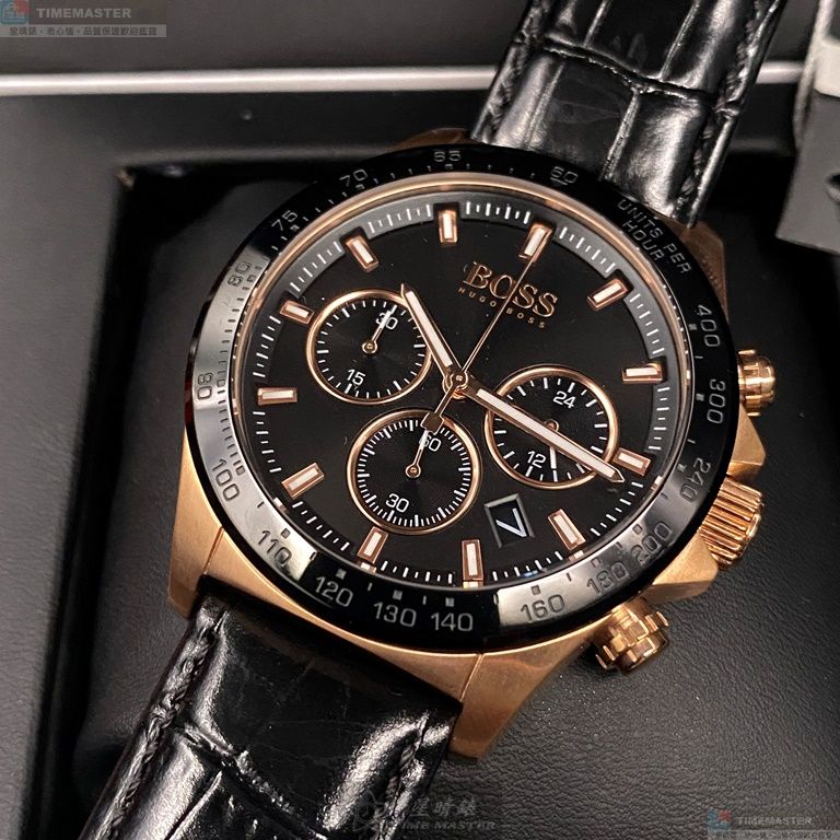 [星晴錶業]BOSS手錶,44mm,HB1513753黑色錶面玫瑰金錶殼深黑色真皮皮革錶帶款, , large