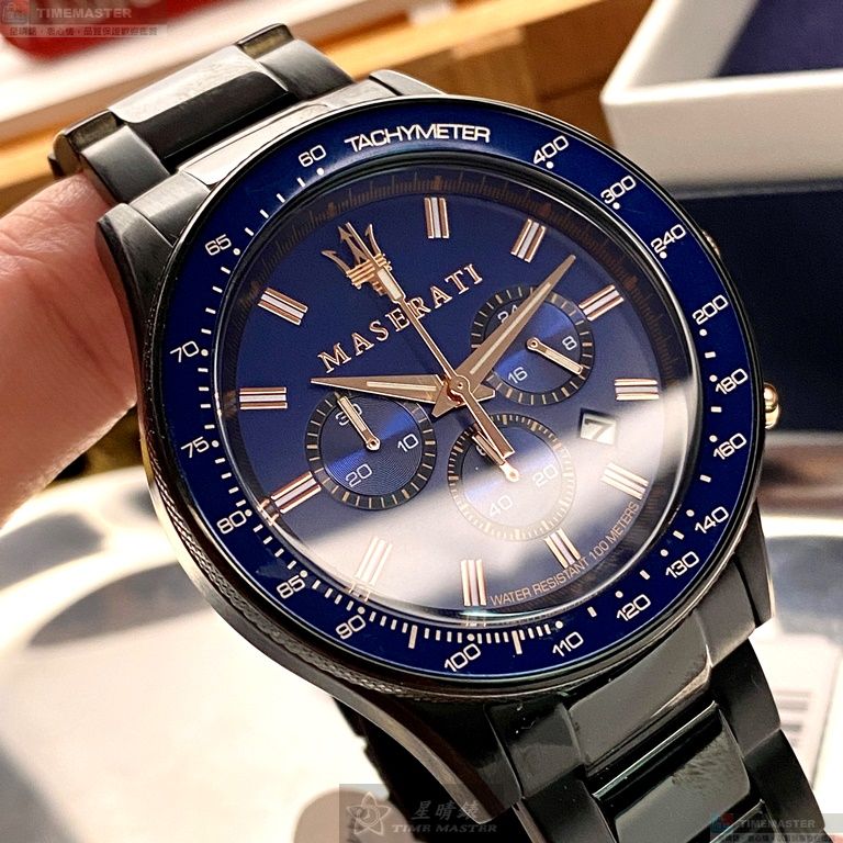 [星晴錶業]MASERATI手錶,44mm,R8873640001寶藍色錶面黑錶殼深黑色精鋼錶帶款, , large