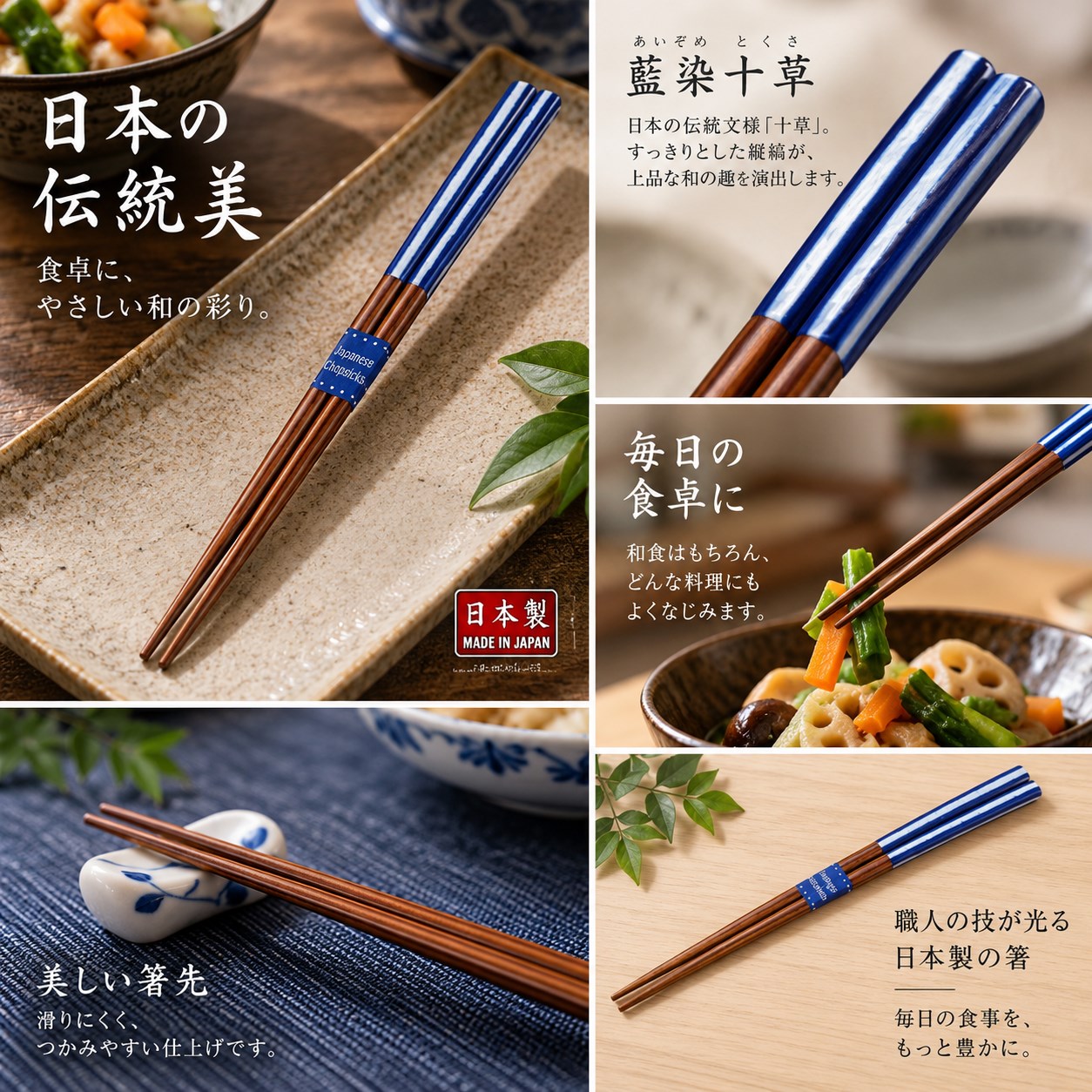【HIYASU日安工坊】日本工藝箸-藍染十草, , large