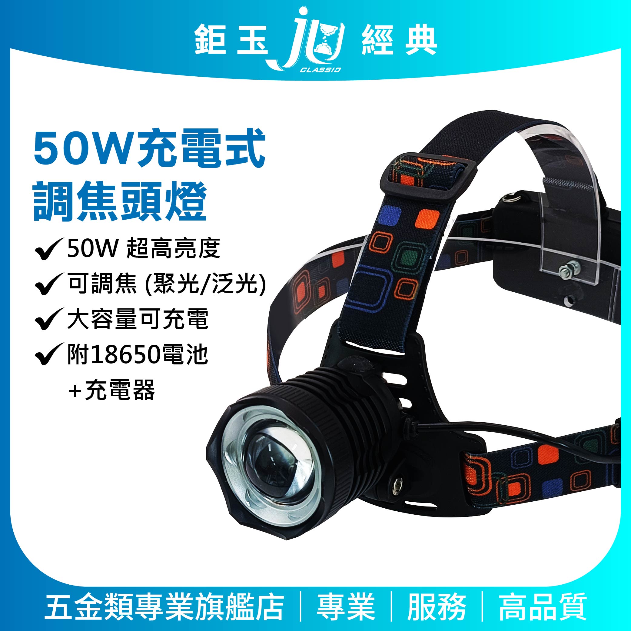 鉅玉經典｜50W 調焦充電式頭燈 贈充電器 登山 露營燈 工作燈 LED 三段 HK-K1108, , large
