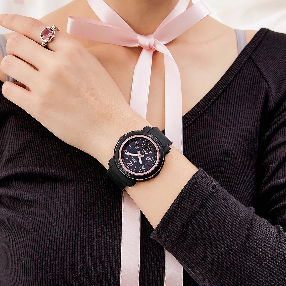 CASIO 卡西歐 BABY-G 緞帶雙顯女錶-黑/粉色 BGA-290RA-1A, , large