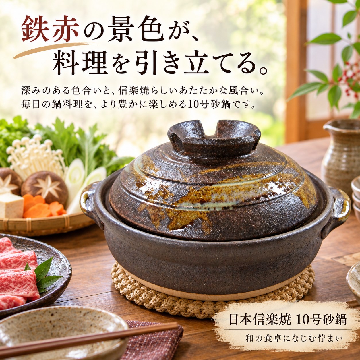 【HIYASU日安工坊】日本信樂燒10號砂鍋-鐵赤格子, , large