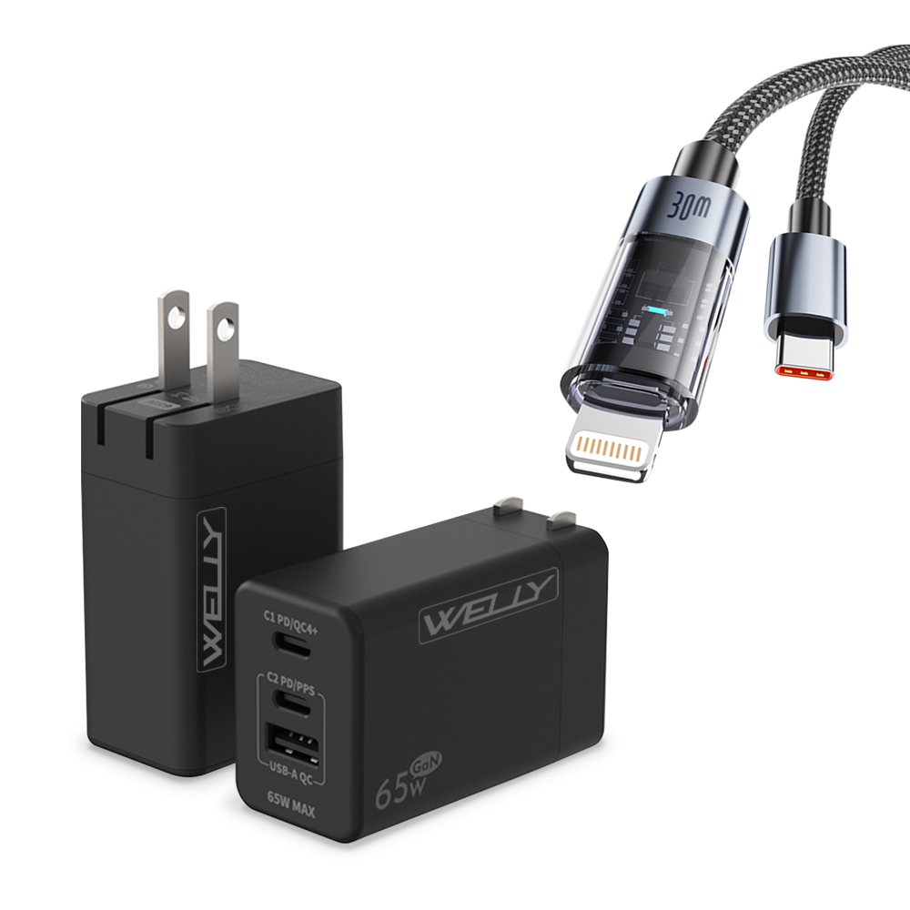 30W 極光芯 Type-C to Lightning 耐拉傳輸充電線+65W氮化鎵GaN 三孔極速充電器, , large