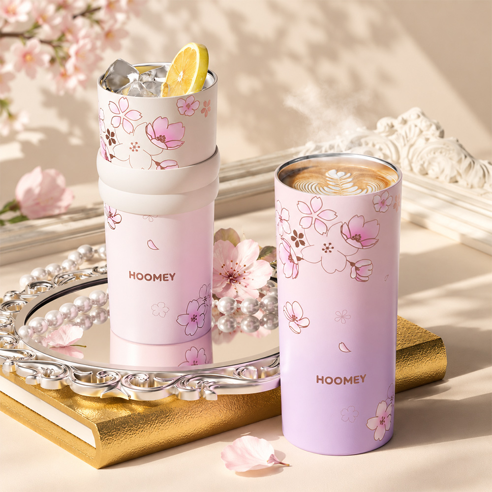 【虎米Hoomey】櫻花吸管杯 316不鏽鋼 咖啡杯 保溫杯 隨身杯 550ML(附櫻花吊飾+手提繩+杯套), , large
