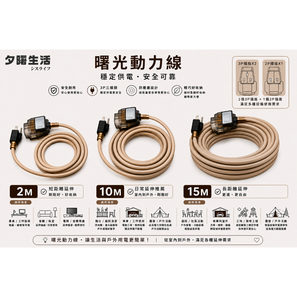 《台灣製造》露營動力線-燈-5米-10米-15米-曙光-3P-三插頭-延長線-AX-386, , large