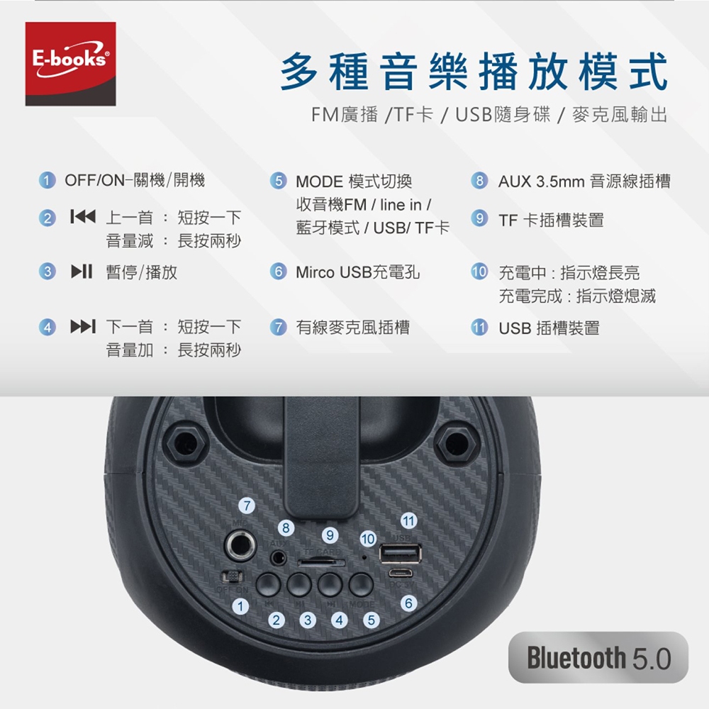 E-BOOKS D63 multi-function Bluetooth speaker, Bluetooth 5.0, colorful dazzling, supports USB, TF card, FM broadcast and microphone input, portable and easy to use, , large