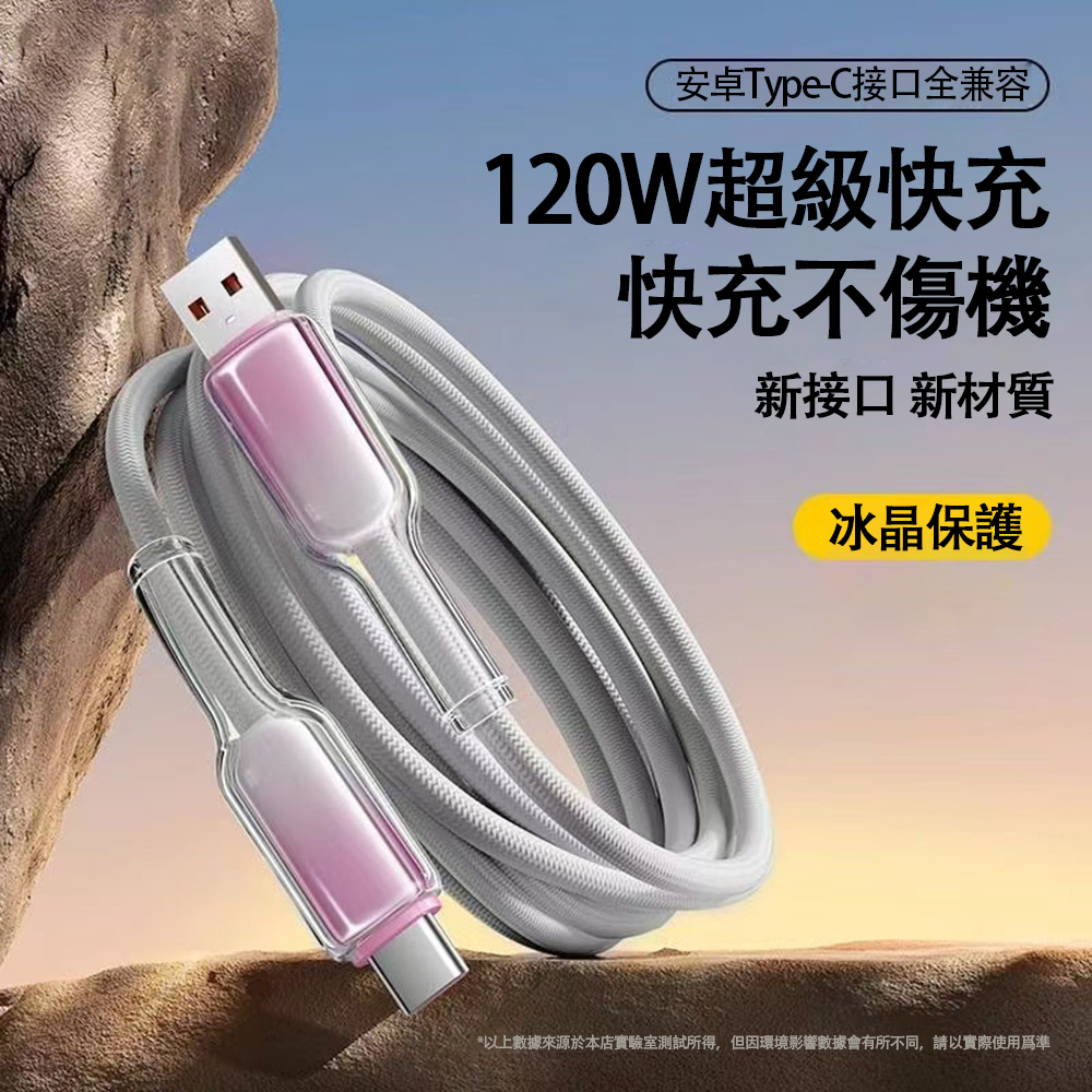 【樂樂】120W冰晶頭彩色编織快充線 USB to TYPE-C1M 灰白粉, , large