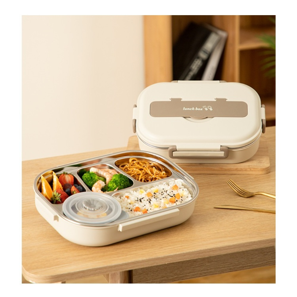 【A&R】日式304不鏽鋼四格微波便當盒附湯碗+餐具 1500ML 棕色, 棕色, large