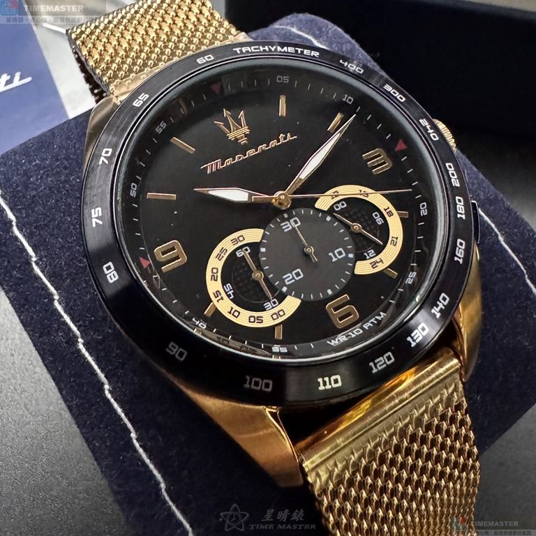 [星晴錶業]MASERATI手錶,46mm,R8873612010黑色錶面金色錶殼金色米蘭錶帶款, , large