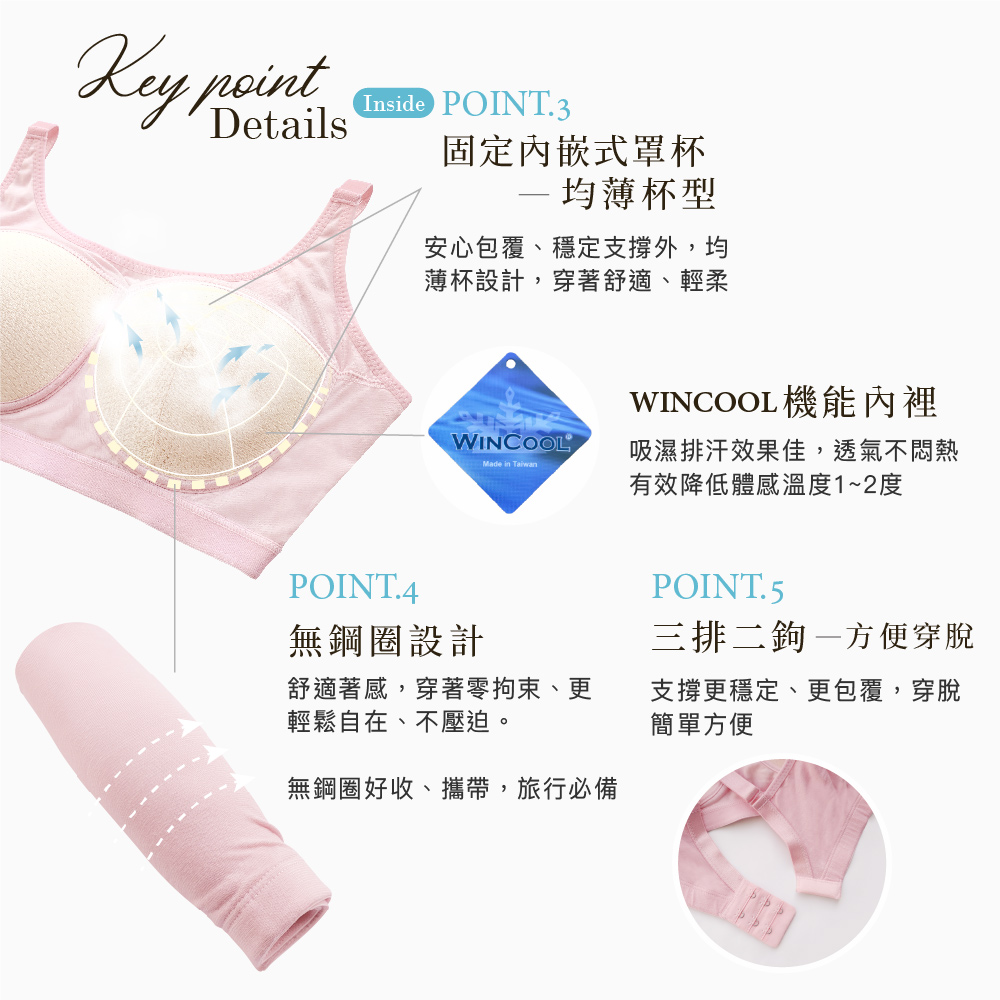【可蘭霓Clany】 台灣製涼感透氣低敏潤膚消臭加大尺碼無鋼圈M-3XL內衣 6922-31 粉色, , large