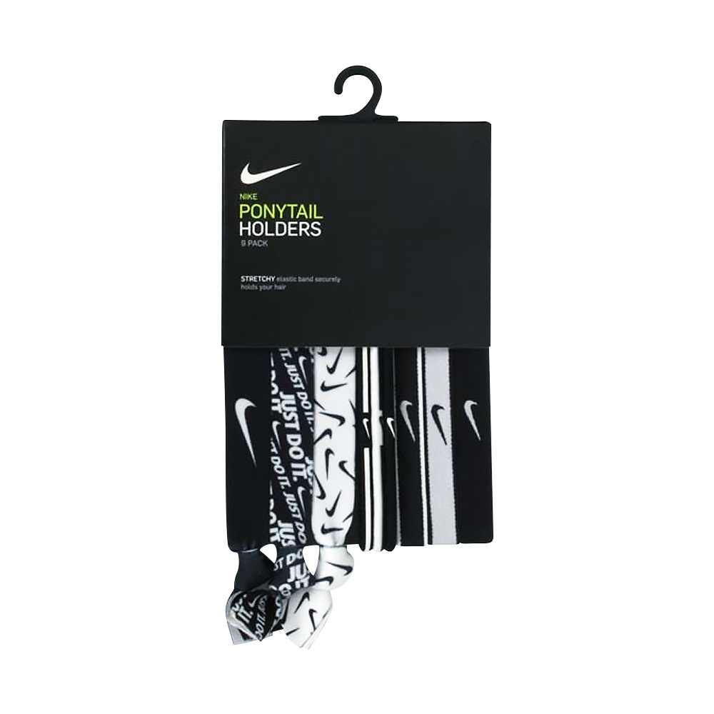 NIKE 混搭式髮帶 9入 運動髮帶 髮圈 健身 訓練 跑步 戶外 時尚 多樣式 彈性 舒適 矽膠條 防滑 止滑 黑白, , large
