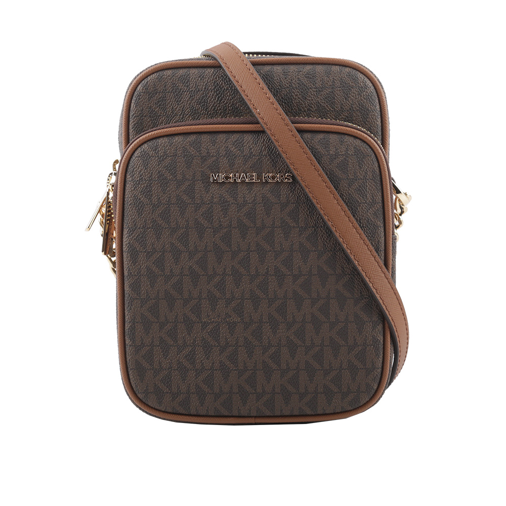 Michael Kors 金字滿版塗層帆布拉鍊中款直式斜背包/咖啡色, , large