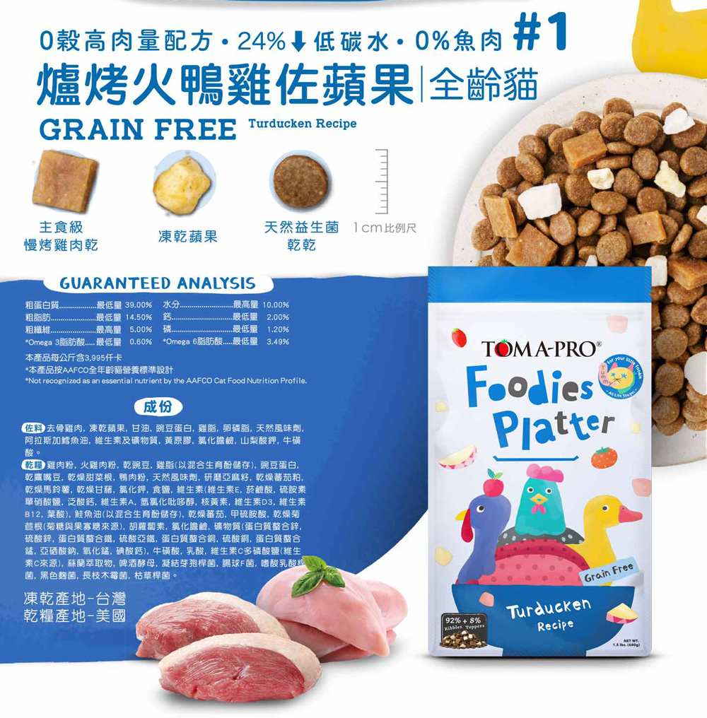 【優格】吃貨拼盤 全齡貓 爐烤火鴨雞佐蘋果 高肉量配方1.5磅 #1(貓飼料/貓糧), , large