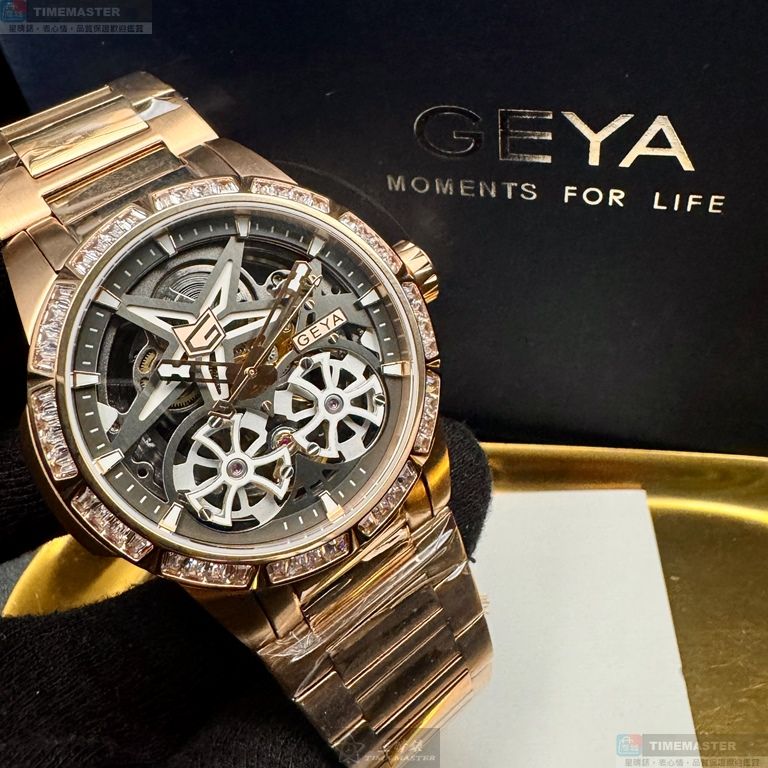 [星晴錶業]GEYA手錶,44mm,G78176GHK雙面機械鏤空錶面金色錶殼金色精鋼錶帶款, , large