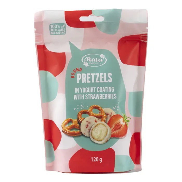 Round Pretzels in yogurt coating with strawberries, , large