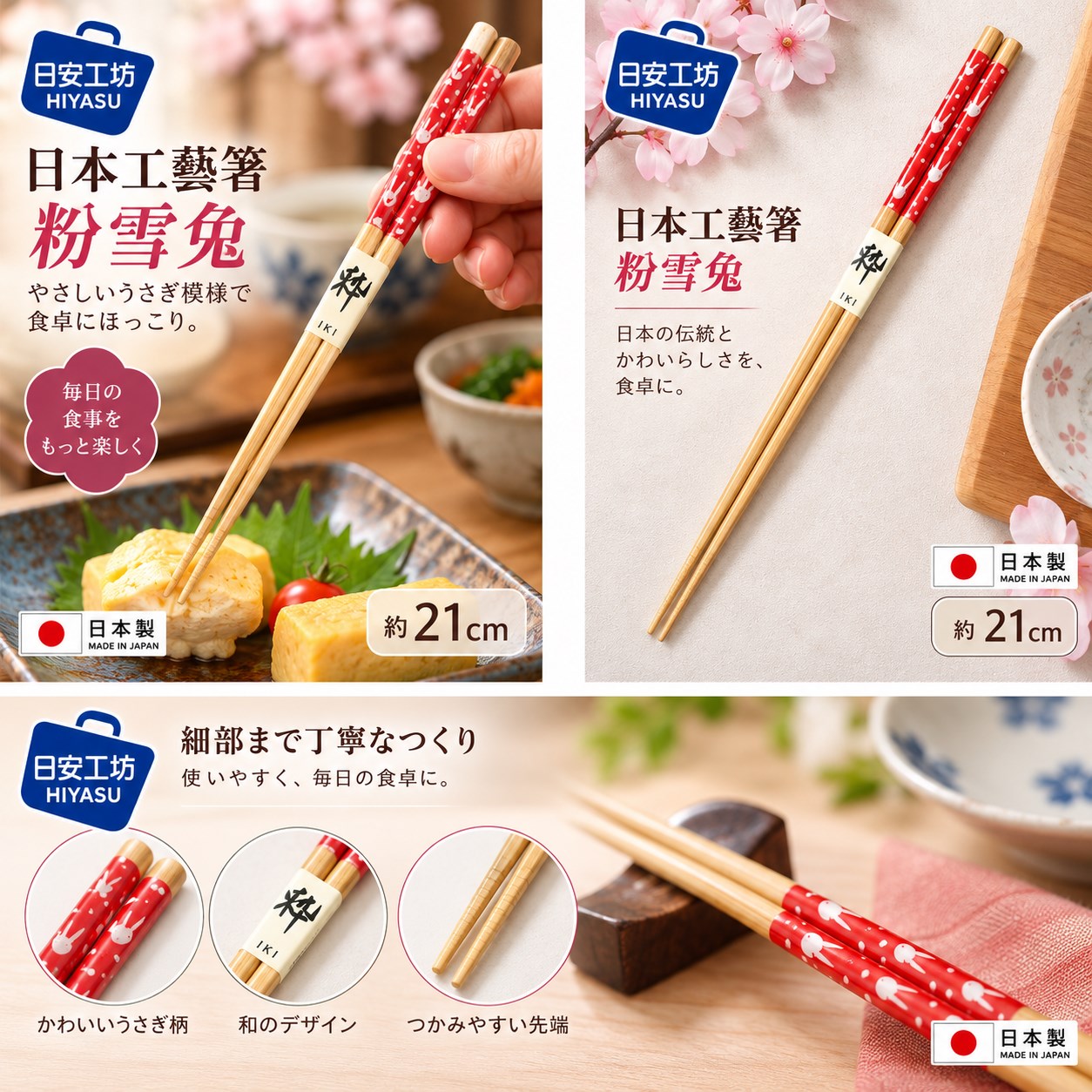【HIYASU日安工坊】日本工藝箸-粉雪兔 21cm, , large