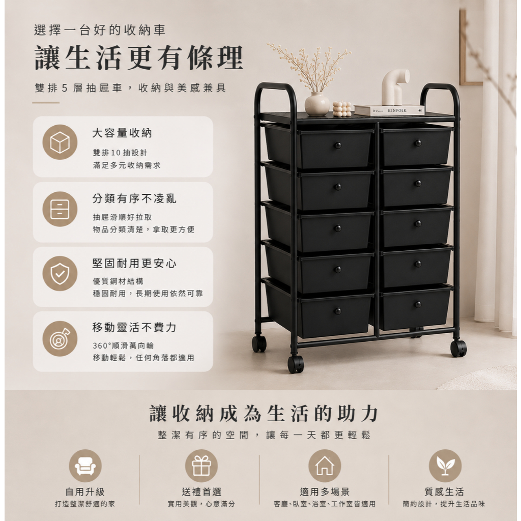 【Roomix】10層移動式抽屜收納車 空間救星 台灣製 黑色置物架 辦公活動櫃 美容美甲推車 玩具收納箱 文件櫃  (附輪/DIY), , large