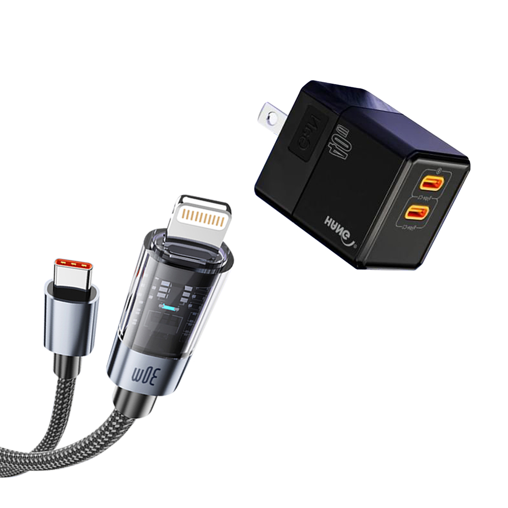 30W 極光芯 Type-C to Lightning 耐拉傳輸充電線+HANG 40W氮化鎵GaN USB-C快充頭, , large