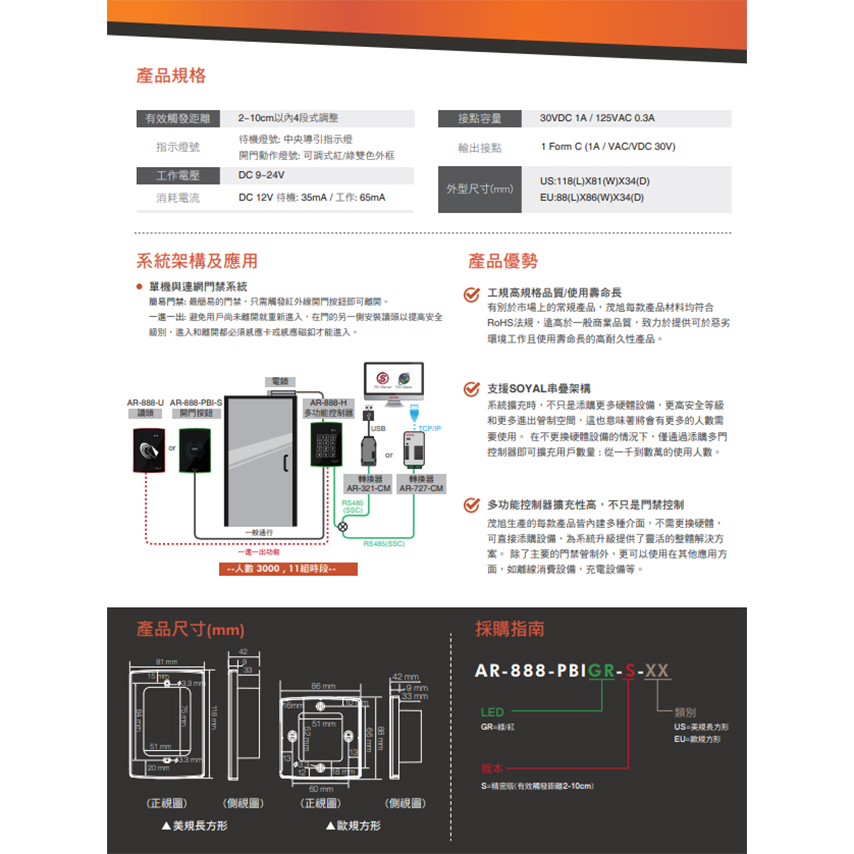昌運監視器 SOYAL AR-888-PBI-S 歐規 嵌入式紅外線開門按鈕 開關 雙色LED, , large