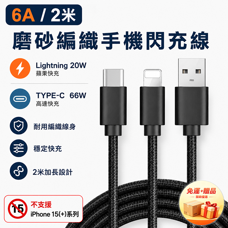 [翊承國際]【免運 + 贈品】6A二米磨砂編織手機閃充線, , large