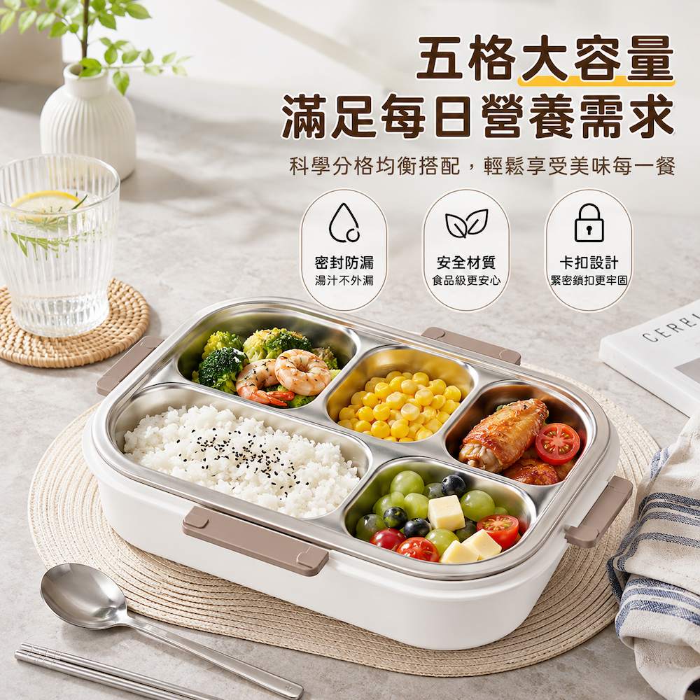 【A&R】輕奢日式304不鏽鋼冰晶紋五格便當盒 1500ML 微波款 附湯碗餐具組 二色任選, , large