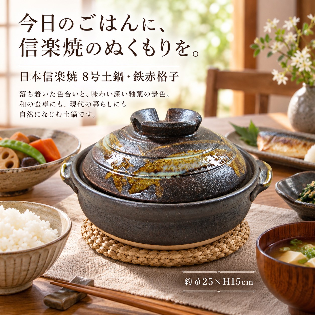 【HIYASU日安工坊】日本信樂燒8號砂鍋-鐵赤格子, , large