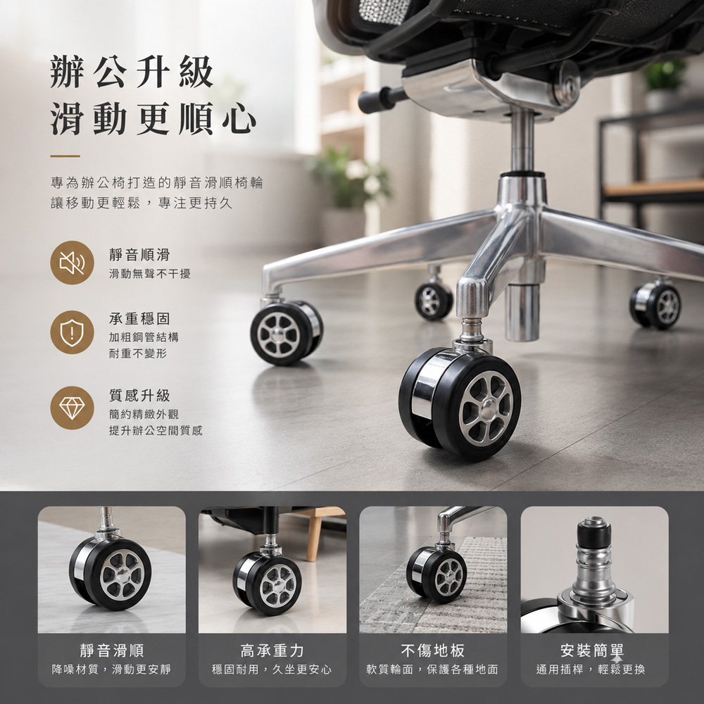 【G+居家】2組皇家電鍍萬向輪椅腳輪-2.5吋-5入(活動腳輪/電腦椅輪子/靜音輪/萬向輪/直插式), , large