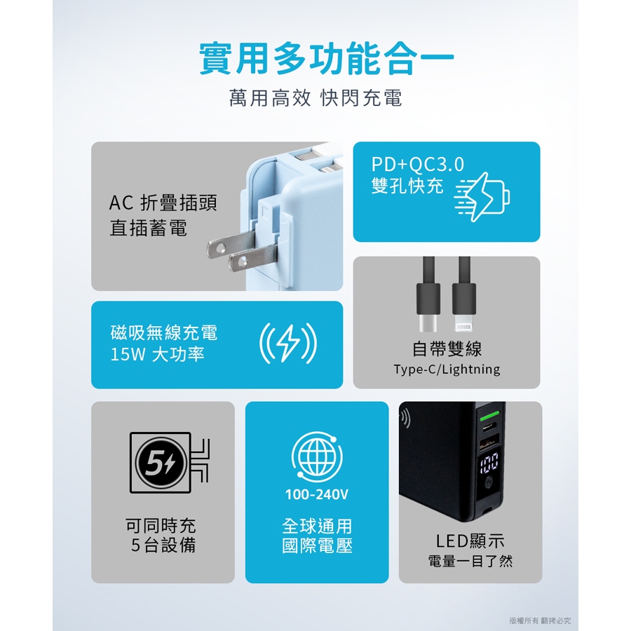 aibo 超強多功能 無線磁吸+PD+QC 快充行動電源【現貨】快充行動電源 自帶線 免插頭 多功能 無線 磁吸, , large