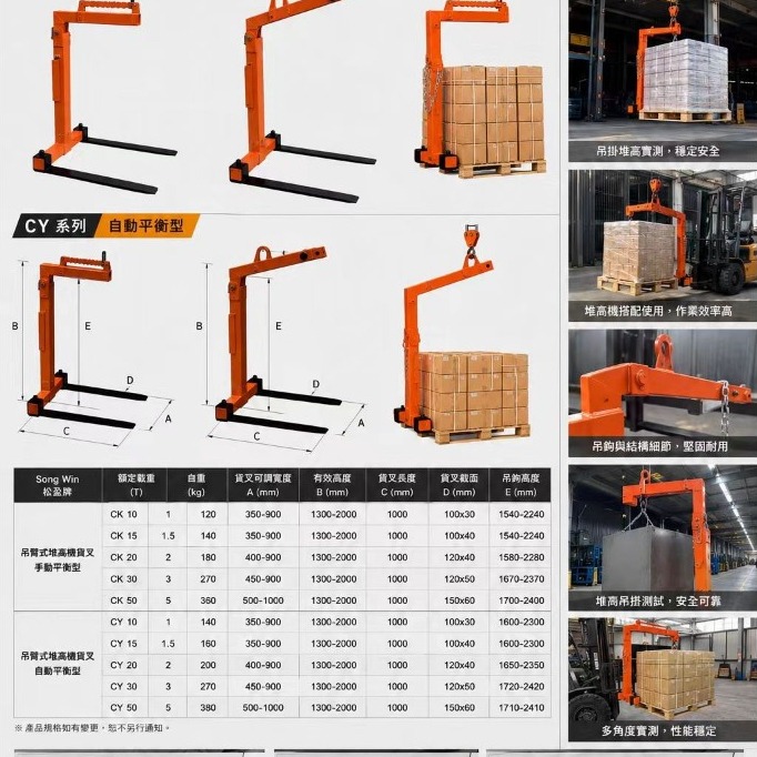 WIN五金 SONG WIN 松盈牌 CY吊臂式堆高機貨叉 自動平衡型 1T 1.5T 2T 堆高機吊臂 吊掛搬運 起重, , large