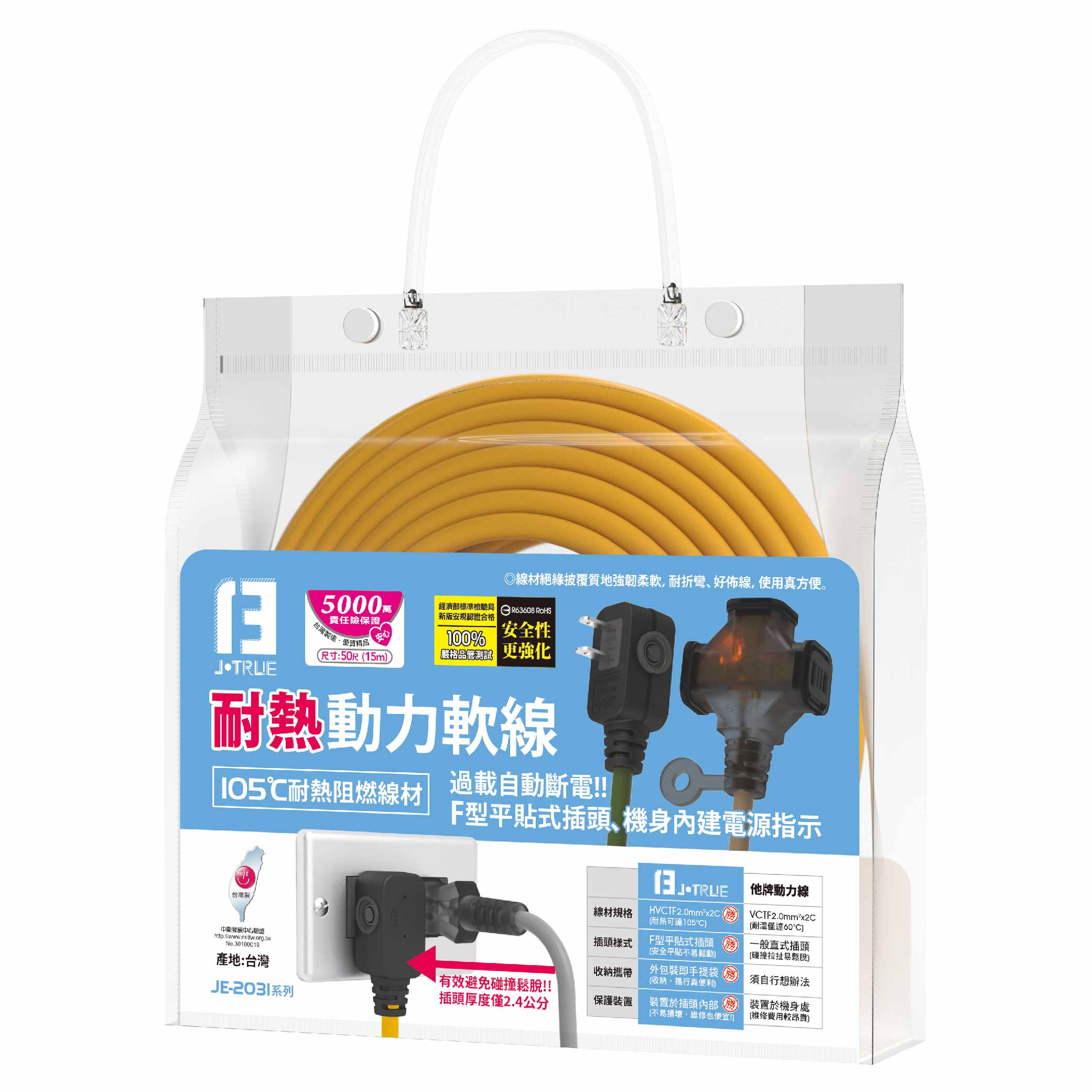 鉅玉經典｜露營帶燈動力線 黃色 2芯2.0 50尺/15米 JE-2031Y-50, , large