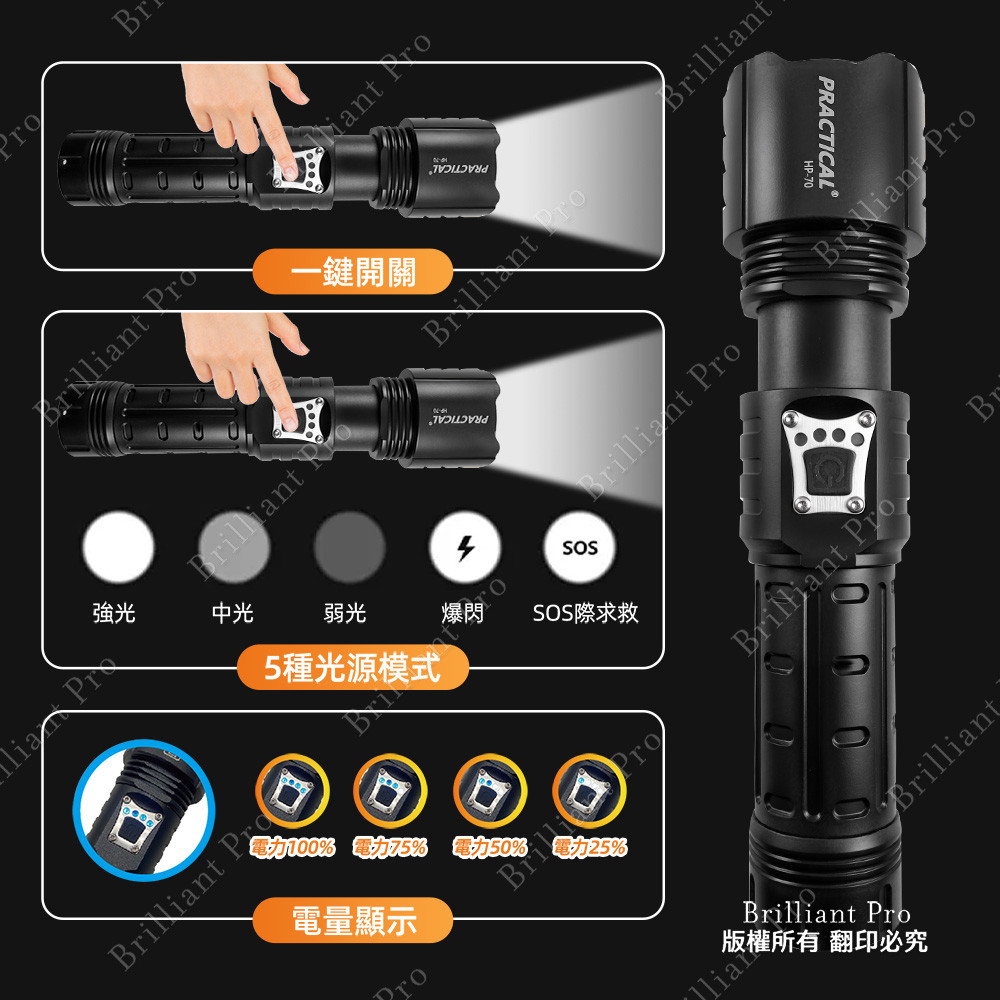 Utility Brand Charging Flashlight PR-A70W01 Five-stage light source mode: Strong Light/Medium Light/Low Light/Flash/S, , large