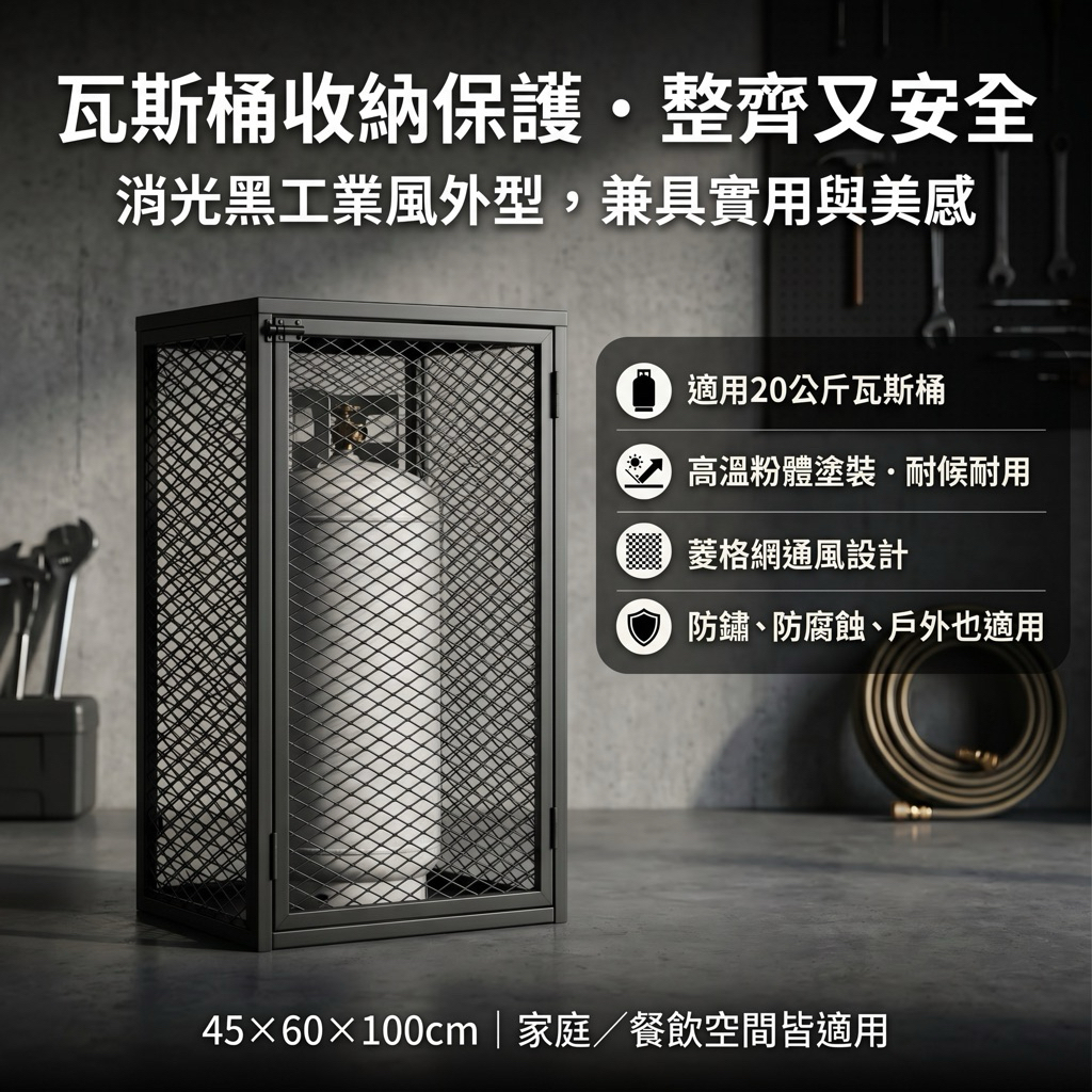 【 SHAONIANNA.TW 】🔥菱格網瓦斯桶保護架 60x45x100cm 附門鎖 瓦斯桶收納箱 鐵籠防護架 消光黑烤漆 餐廳住家 工業風戶外儲存櫃, , large