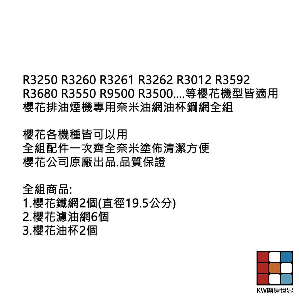 【KW廚房世界】《櫻花原廠  奈米配件包 》R9500 R3500 內含濾油網6個、油杯2個、鐵網2個 專用, , large