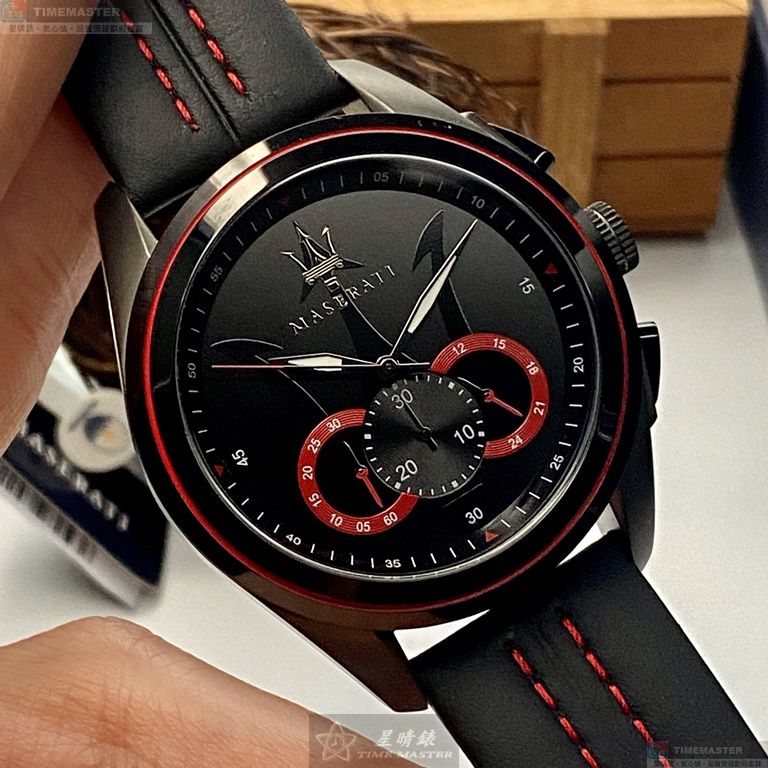 [星晴錶業]MASERATI手錶,46mm,R8871612023黑色錶面黑錶殼黑紅色真皮皮革錶帶款, , large