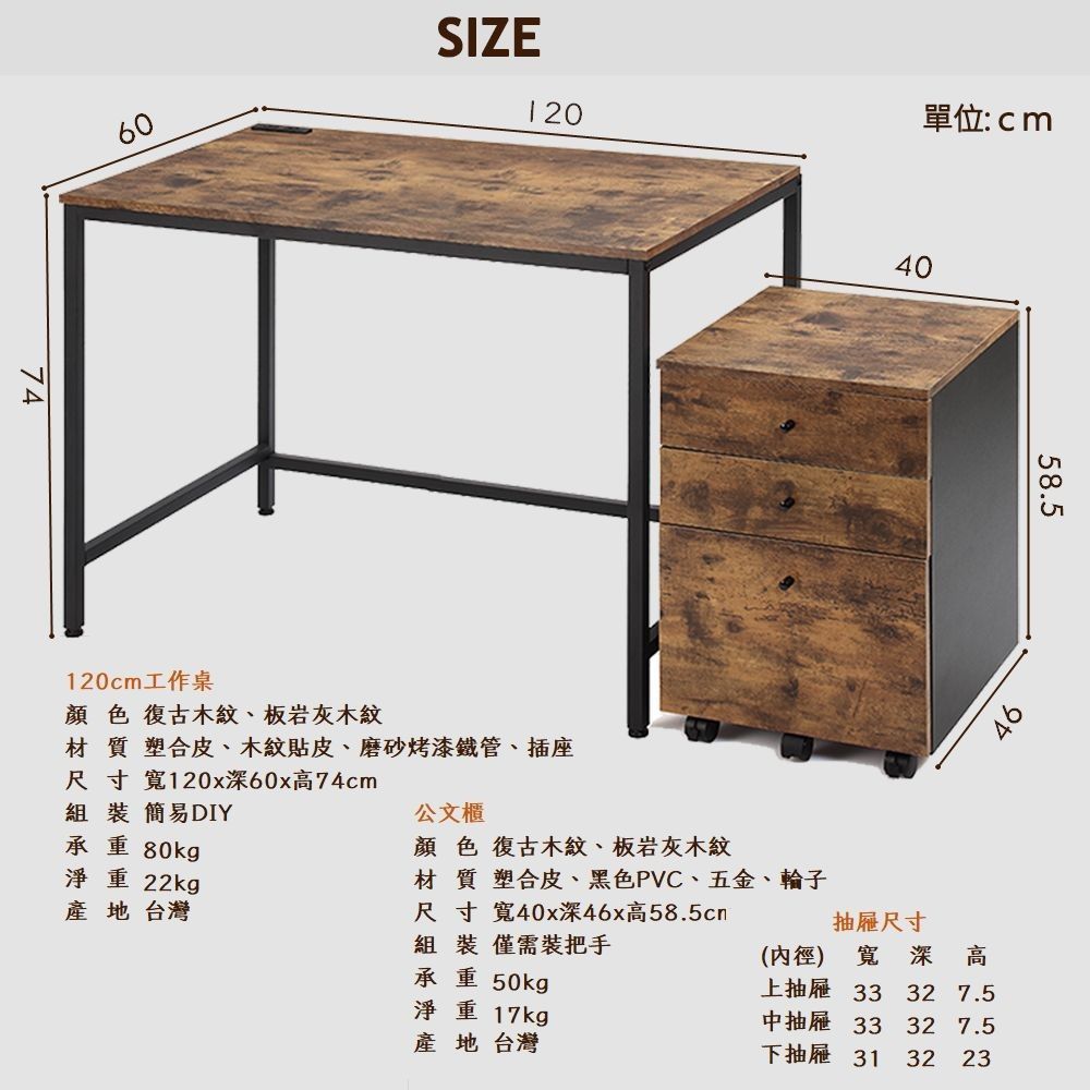 【HomeMax】整組木紋工作桌+活動公文櫃/120cm/附插座/抽屜/辦公桌/電腦桌/檔案檔/文件櫃/復古業風 ★台灣製造●, , large