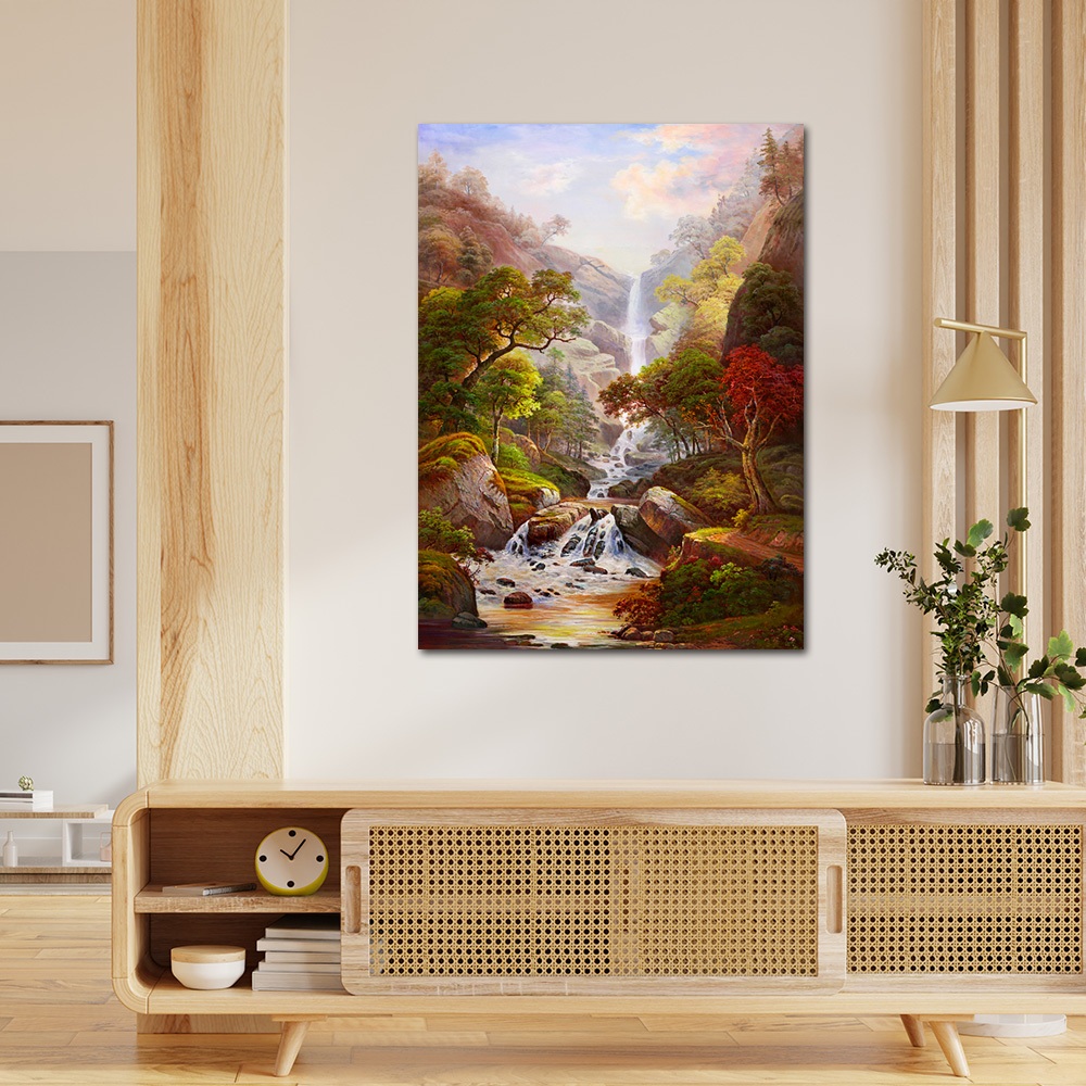 【御畫房】高山飛瀑 國家一級畫師手繪油畫60&times;90cm(VF-104), , large