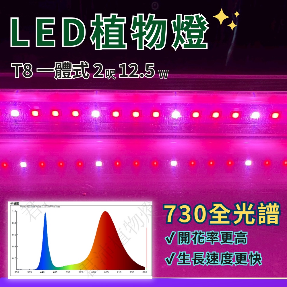 【君沛】730全光譜 2呎 T8一體式植物燈 12.5W 免燈座 抑制徒長 多肉育苗 觀葉植物櫃層架補光 自然光感, , large
