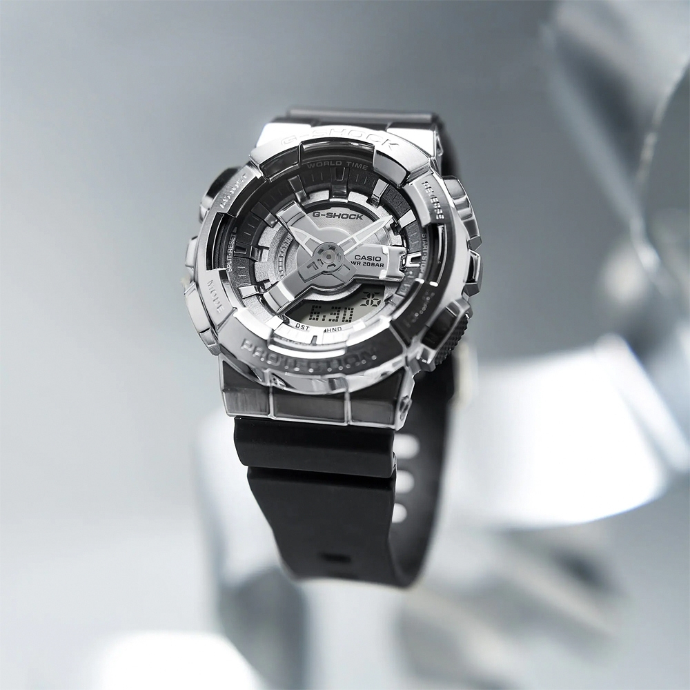 CASIO 卡西歐 G-SHOCK 金屬色雙顯電子錶-百搭銀 GM-S110-1A, , large