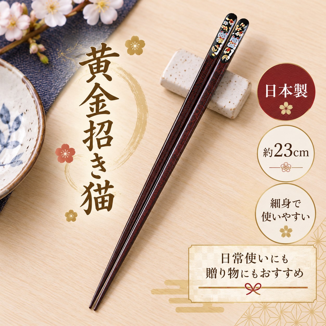 【HIYASU日安工坊】日本工藝箸-黃金招財貓 23cm, , large