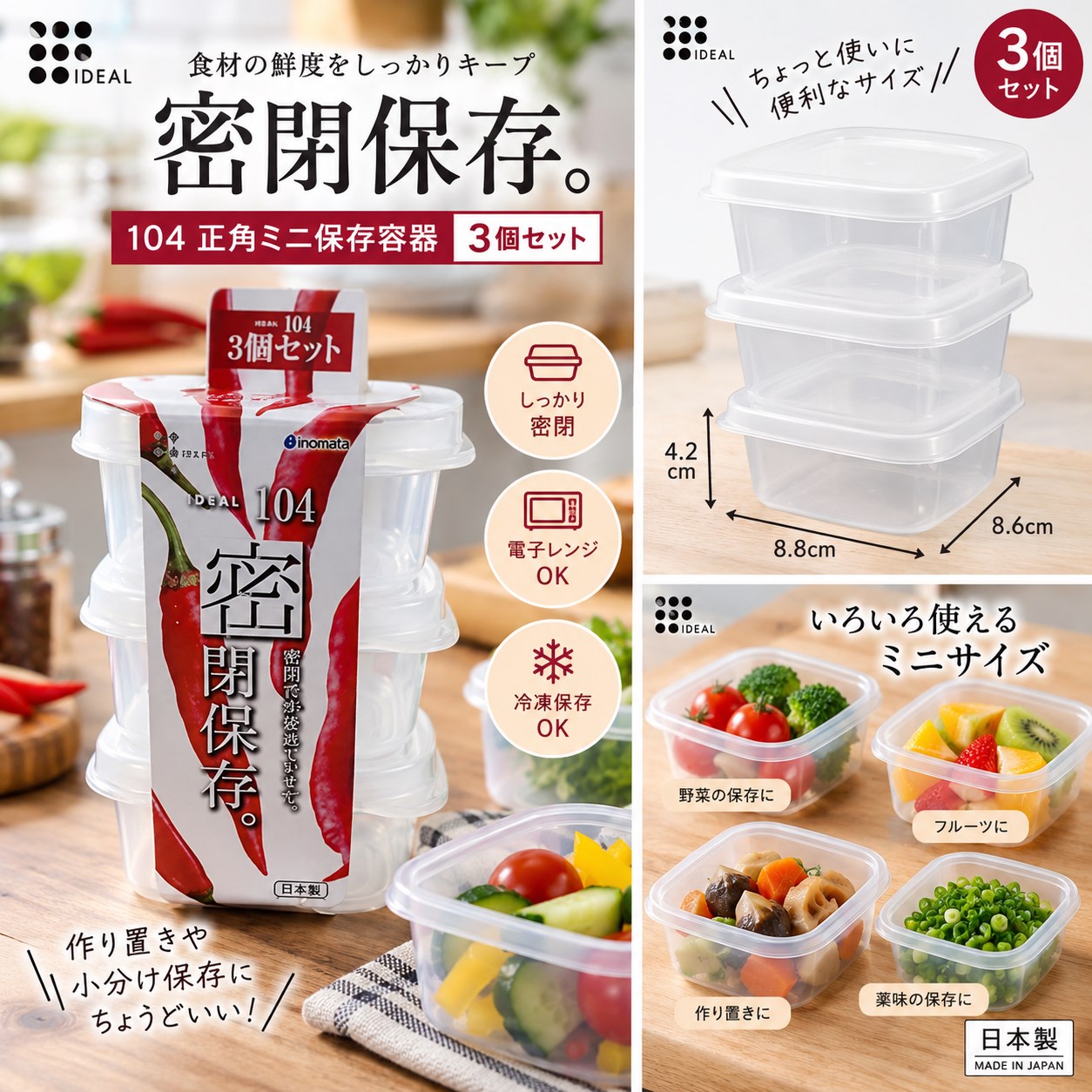 【HIYASU日安工坊】104 正角迷你保鮮盒3入組, , large