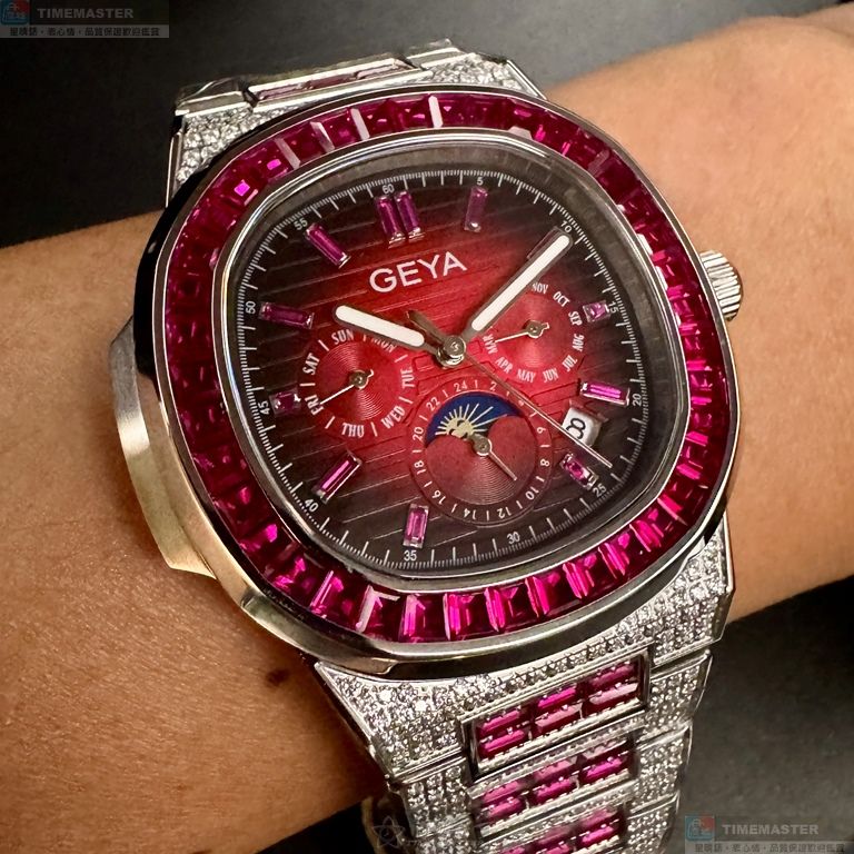 [星晴錶業]GEYA手錶,42mm,G78152GRR紅色錶面銀錶殼銀色精鋼錶帶款, , large