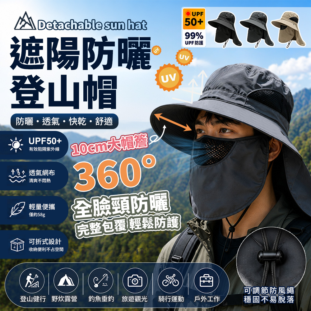 【高品生活】可拆式透氣遮陽防曬登山帽 戶外遮陽帽｜UPF防曬｜可拆護頸面罩｜透氣速乾｜防潑水｜釣魚帽｜漁夫帽｜登山帽, , large