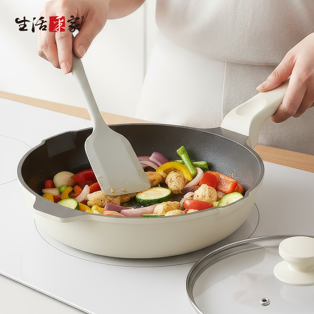 SHCJ 【送矽膠鏟+清潔棉】鈦陶瓷不沾 單把平底鍋 28cm 含鍋蓋 沾鍋 IH爐鍋具 煎鍋 不沾鍋炒鍋 平底鍋 煎蛋鍋 炒菜鍋 平底炒鍋, , large