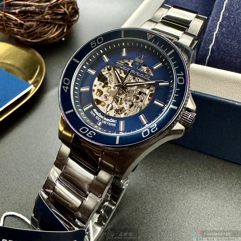 [星晴錶業]MASERATI手錶,44mm,R8823140015寶藍色雙面機械鏤空錶面槍灰色錶殼槍灰色精鋼錶帶款, , large