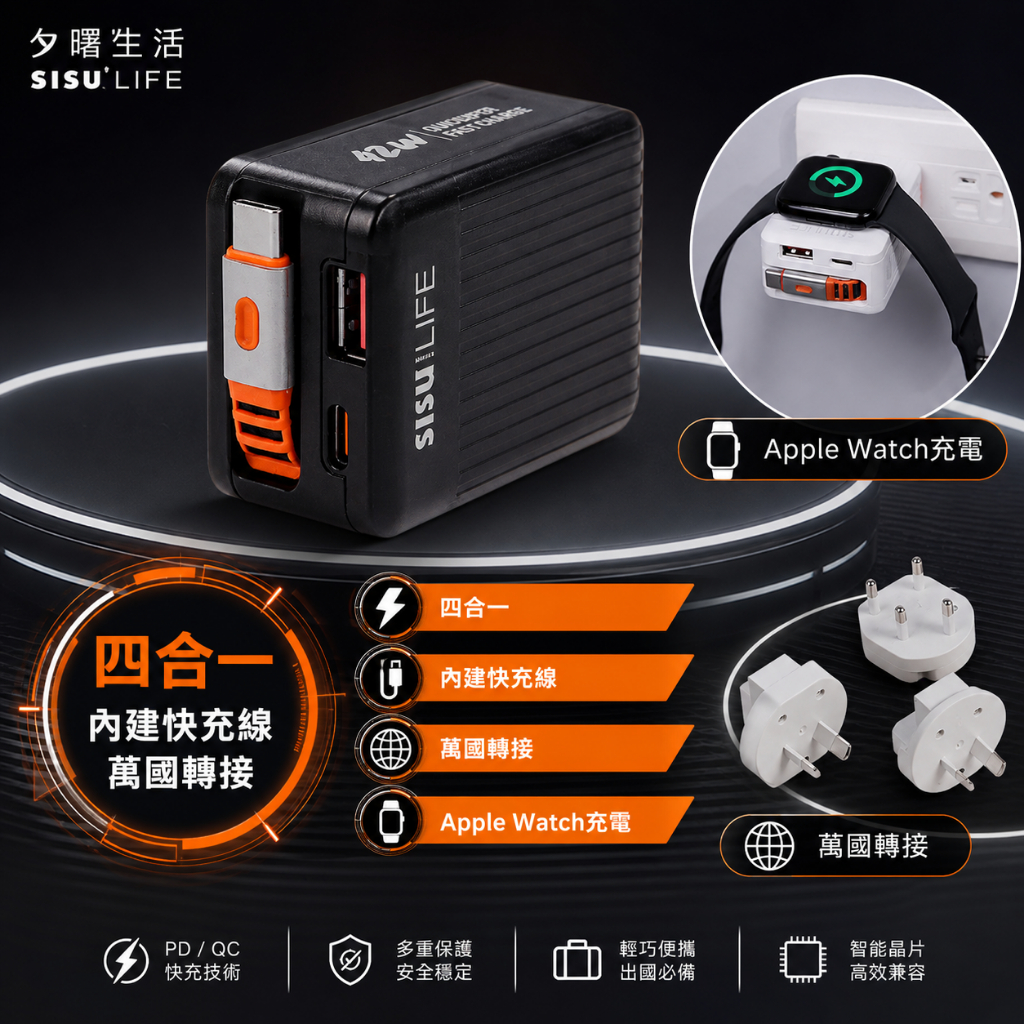 【夕曙生活】S-GaN 四合一 42W 快充充電器｜萬國轉接＋內建快充線＋Apple Watch磁吸充電｜出國必備旅行充, , large