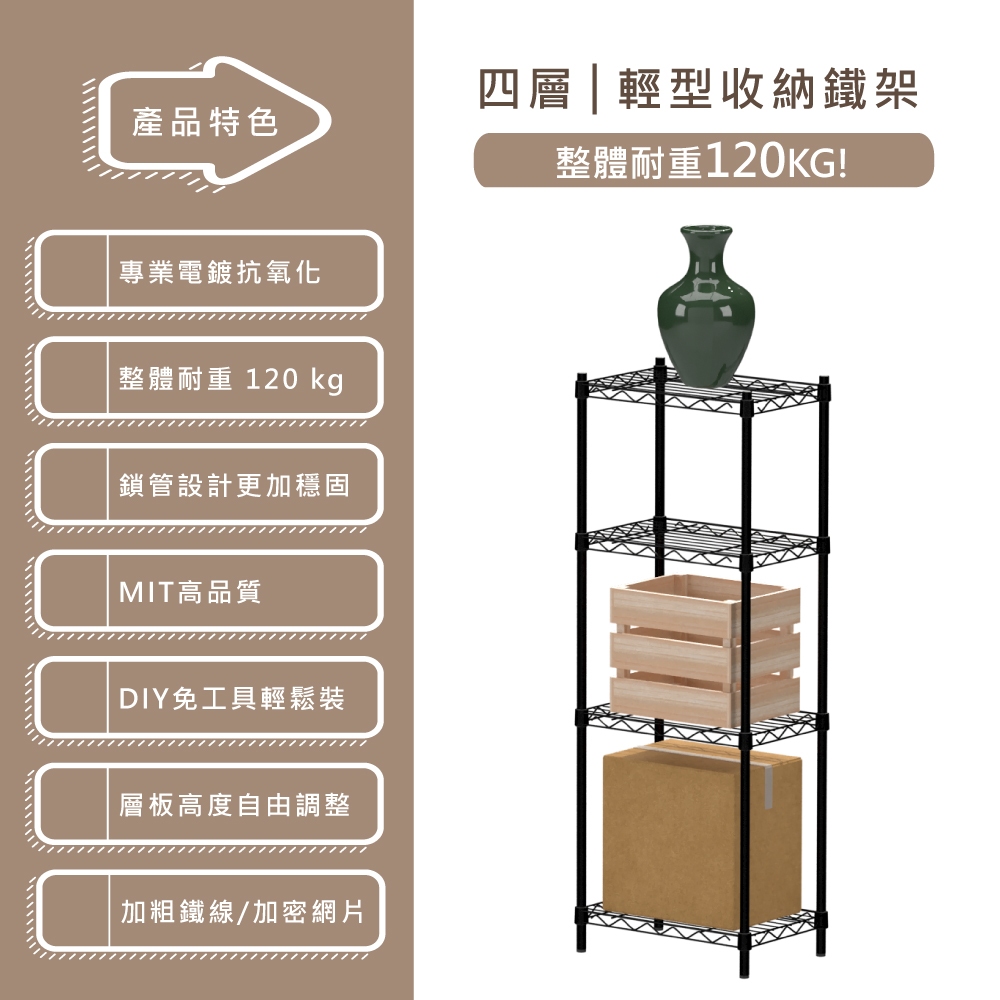【KIWISH】43X28X180H 黑色四層架 鐵架 層架 收納架 鐵力士架 倉儲 波浪架 免工具 架子 置物架, , large