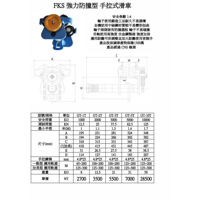 WIN 五金 FKS  5T*3M 鍊條式滑車 工字鐵滑車 手拉吊車 手搖吊車 吊車 絞盤 電動吊車 滑車, , large