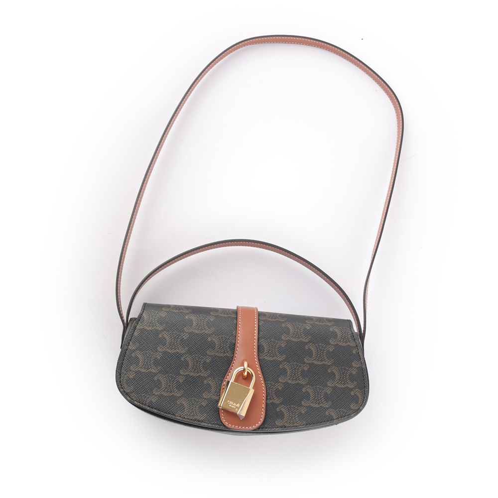 CELINE Tabou Triomphe 帆布鎖頭手提肩背二用包/咖啡色, , large