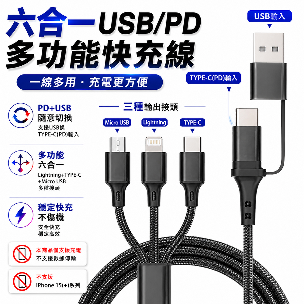[翊承國際]【免運 + 贈品】6合1 USB PD 編織快充線, , large